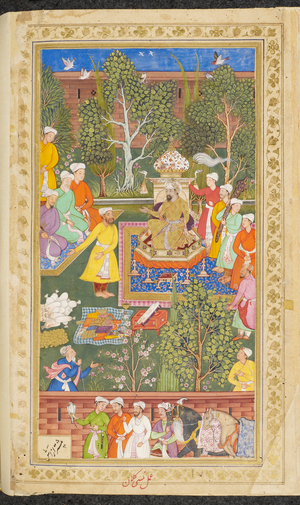 A feast attended by Uzbek, Hindu and Kizilbash envoys who brought gifts and money to Babur (1528) (Tulsi Kalan).
