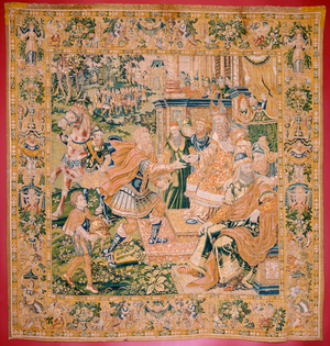 Flemish tapestry. Series The Book of Judith. War comes to Judah (Llega la guerra a Judá). Fourth tapestry in the series. Manufacture Netherlands, Brussels(?). Second half of the 16th century. Fabric Wool. Location Church of Saint Nicholas of Bari (museum opened in 2009). Origin Church of Saint Stephen.