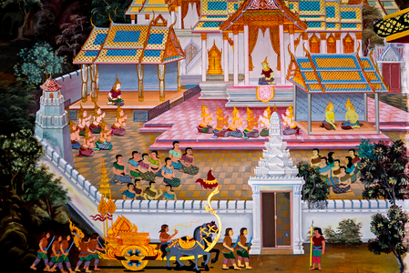 Paintings of village scenes with Buddha in Thailand, Wat bang riang, Thub Pat/ Paintings, Wat bang riang, Thub Pat, Phang Nga, Thailand, Asia (photo)
