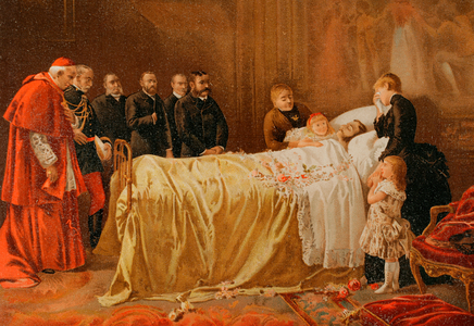 Death caused by tuberculosis of the King of Spain, Alfonso XII on 25 November 1885, 1896 (colour litho)