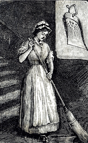 A maid using an improved dustpan