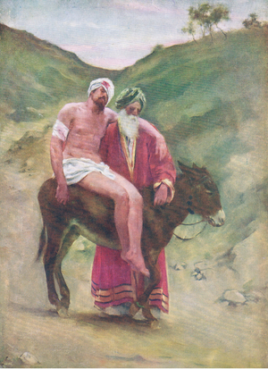 The good Samaritan, from The Bible Picture Book published by Thomas Nelson, c.1950 (colour litho)