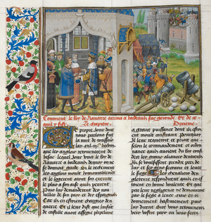 King of Navarre at Bordeaux and of the siege of Pamplona, with a partial floral border containing two birds, at the beginning of chapter 10 of book 1. Initial.
