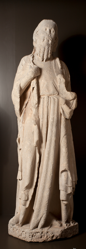 Museum Museu Comarcal de l'Urgell. Ensemble of five statues of apostles. Origin of the portal of the former church Santa Maria de Tàrrega portal. Detail. An apostle. 1319. Museum ref MCUT 2808,.