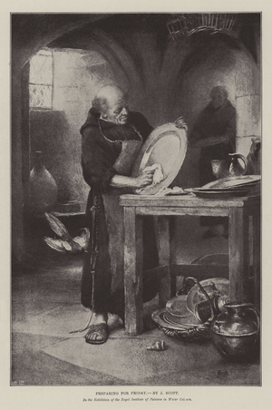 Preparing for Friday, in the Exhibition of the Royal Institute of Painters in Water Colours (litho)