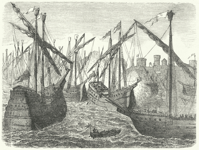Ships of the Hanseatic League off Copenhagen, 14th Century (engraving)