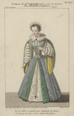 French actress Louise Allan-Despreaux in the role of Anna in Elisabeth d'Angleterre (coloured engraving)