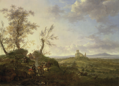 An Extensive Landscape with a Ruined Castle and a Cavalry Skirmish in the Foreground (oil on canvas)