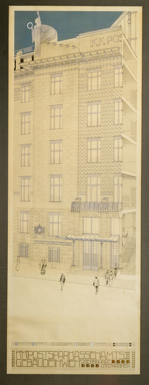 Design for the competition of the Postal Savings Bank in Vienna … (pen and black ink, blue crayon, gold paint)
