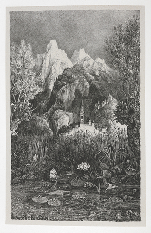 Waterlilles in the foreground. A castle in the middleground and mountains in the background.