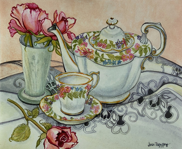 Teatime with Roses and a cutwork cloth (watercolour)