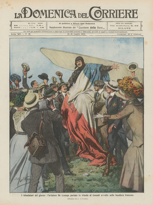 The triumphers of the day, the aviator De Lesseps brought to Canada in triumph wrapped in the French flag (colour litho)