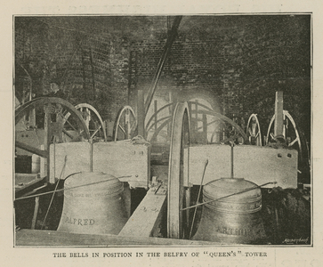 The Imperial Institute: The bells in position in the belfry of Queen's Tower (engraving)