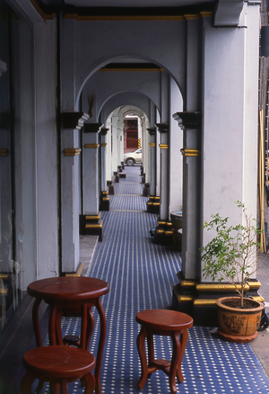 Thailand: The covered walkway, commonly known as a 'five foot way', that runs in front of the traditional Sino-Portuguese housefronts in Phuket old town