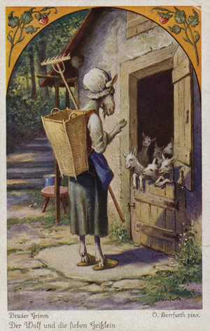 Scene from The Wolf and the Seven Young Kids, by the Brothers Grimm (colour litho)