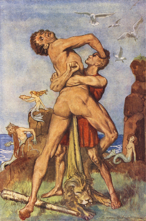 Hercules and the fight with Antaeus (colour litho)