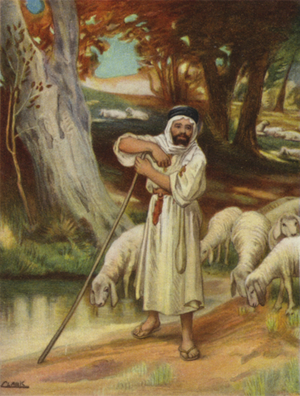 A shepherd and his flock at Banias (colour litho)