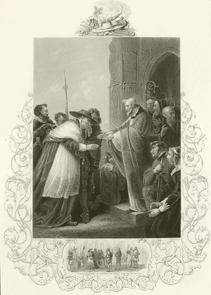 Cardinal Wolsey entering the Abbey of Leicester (engraving)