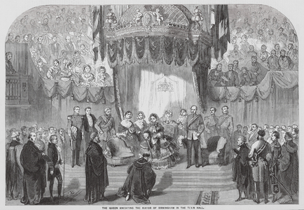 Queen Victoria knighting the Mayor of Birmingham in the Town Hall (engraving)