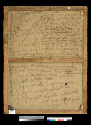 Back of the painting Reflections, 1918-20 (oil on canvas)