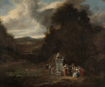 Elegant Company at an Antique Fountain in a Glade, 1660 (oil on canvas)