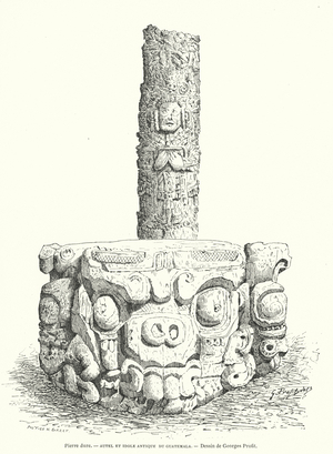 Mayan carved stone altar and idol from Guatemala (engraving)