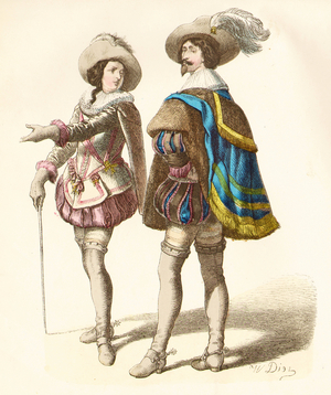 French cavaliers, 17th century (copper plate print)