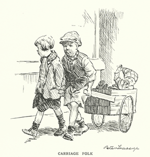 Children pulling a barrow on the street (litho)