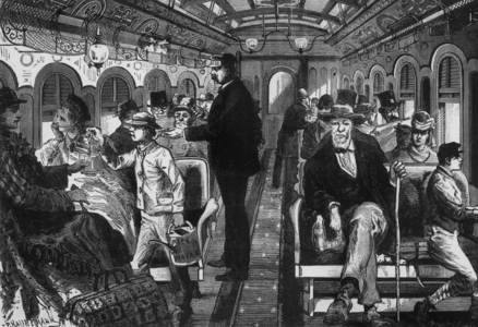 Interior of an american train, c. 1890, engraving