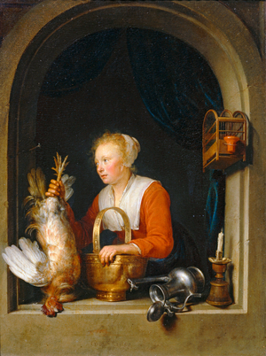 Femme accrochant un coq à sa fenetre, dit aussi La Menagère hollandaise - Woman hanging a rooster in her winrow, also called the Dutch housewife …