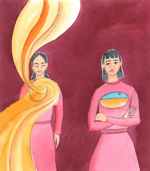 A person who approaches God in prayer with an open heart, accepting God's Will in everyday life, receives a torrent of grace to water her soul, and to pour out to refresh others, 2004 (w/c on paper)