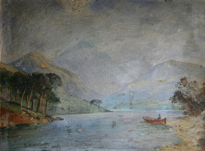 Untitled (mountain scene with lake) (oil on board)