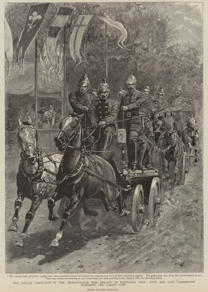 The annual inspection of The Metropolitan Fire Brigade in Battersea Park, Lord and Lady Carrington watching the gallop past (engraving)