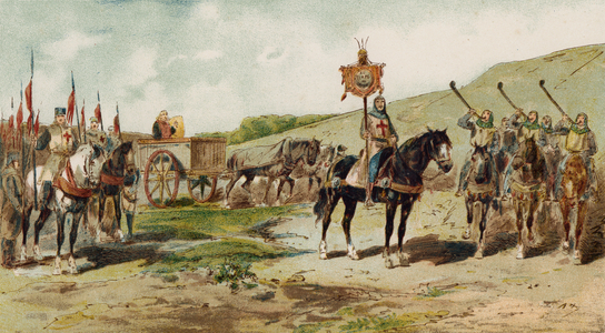 War chariot and lituus blowers, time of the Crusades, 11th Century (colour litho)