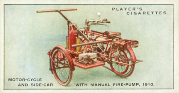 Fire-Fighting Appliances: Motor-Cycle and Side-Car with Manual Fire-Pump, 1910 (colour litho)