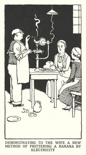Demonstrating to the Wife a New Method of Frittering a Banana by Electricity (litho)