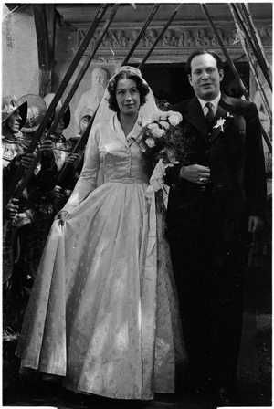 Under the raised halberds of knights in armour Countess Helena Khevenhueller and Prince Konstantin of Bavaria ..., 1953 (photo)