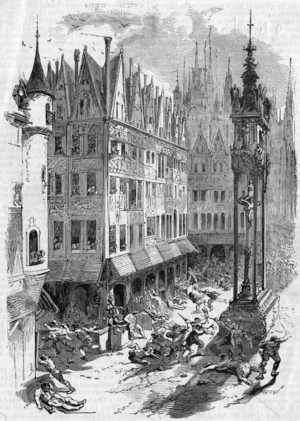 Massacre of the Armagnacs in Paris in 1418 : aristocratic group formed around dukeCharles ofOrleans and count of Armagnac opposed to the Burgundian in the 1400's-1435's durig the Hundred Years War in France, engraving