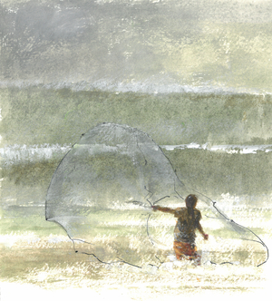 Lone Fisherman 4, 2015 (pen & ink with watercolour on paper)