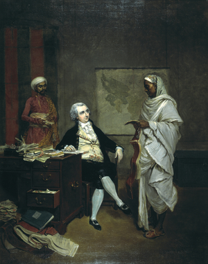 John Mowbray, Calcutta merchant, seated at a desk piled with account books, attended by a banian or money agent and messenger