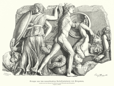 Battle between the Gods and Titans and giants, Ancient Greek relief from Pergamon (engraving)