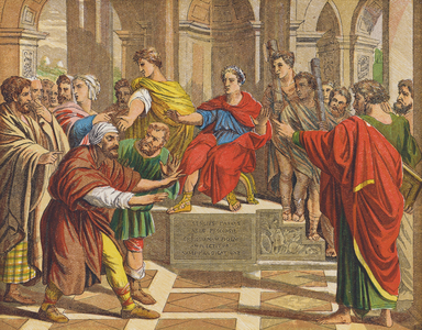 Elymas the sorcerer struck blind before Sergius Paulus (colour litho)