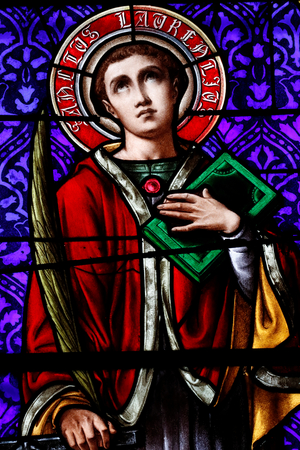 Sainte Catherine des Hopitaux Neufs church.  Stained glass window.  France.