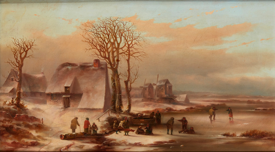 A Winter Landscape with Figures on a Frozen Lake (oil on canvas)