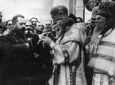 Tsar Nicholas II at an Easter Mass, 1910 (b/w photo)