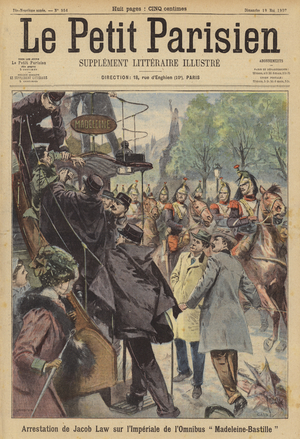 Arrest of a man on board a Paris bus after he fired shots at a passing troop of cavalry (colour litho)