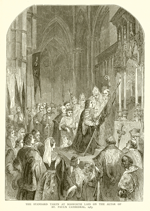 The Standard taken at Bosworth Laid on the Altar of St. Paul's Cathedral, illustration from 'The Historical Scrap Book', 1485 (engraving)