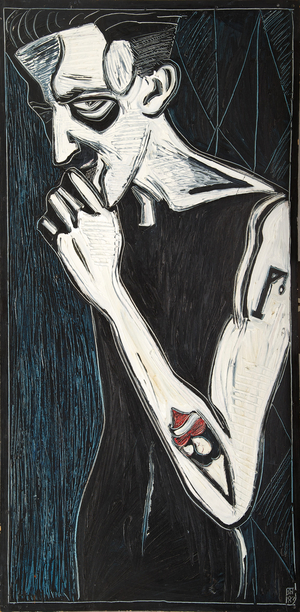 Self Portrait with Gallows Tattoo (oil on board)