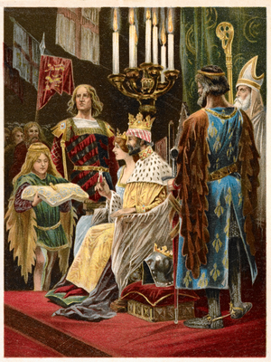 'The second oblation by Edward II. Crowned with Queen Isabella at Westminster. Edward II offered a golden figure of a pilgrim.