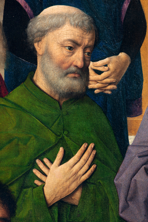 Parish church (Parochiekerk Sint-Pieter). Painting. Last Supper. Dirk Bouts. 1464-1468. Detail. Central panel.